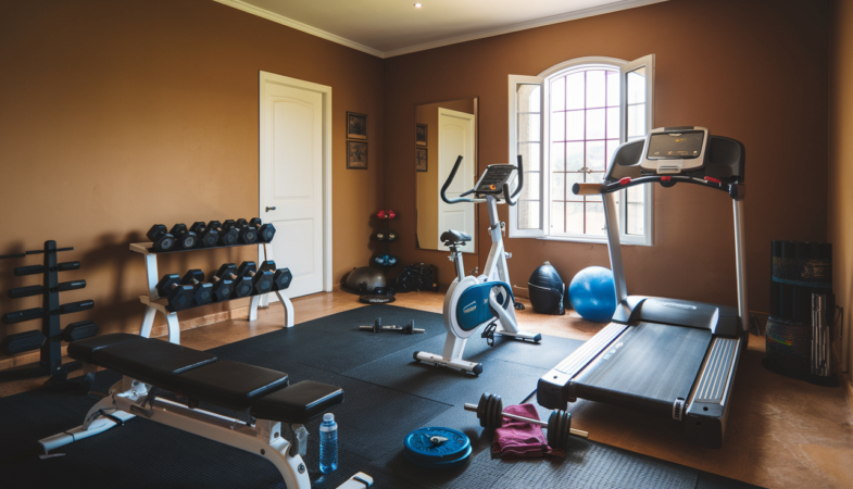 A well-equipped home gym with a variety of exercise equipment. The room has a brown wall and includes a treadmill, an elliptical machine, a stationary bike, a weight bench, and a set of dumbbells neatly arranged on a rack.