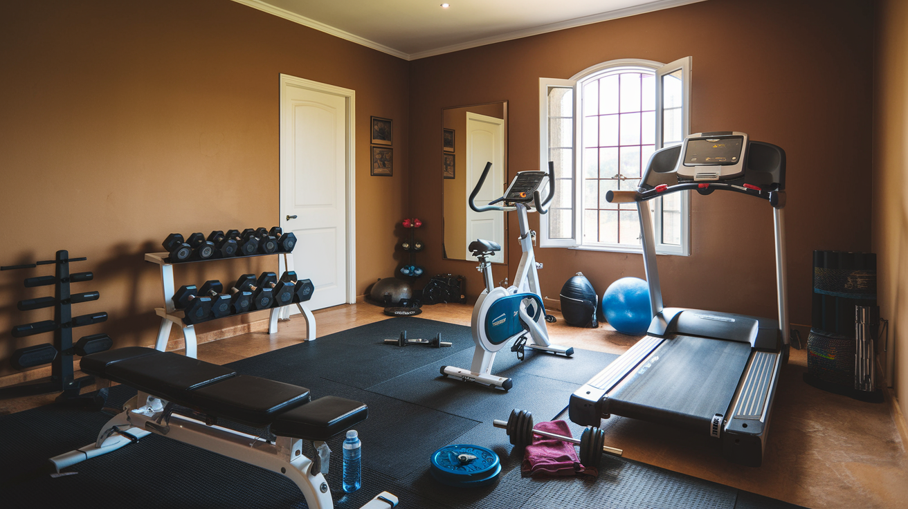 A well-equipped home gym with a variety of exercise equipment. The room has a brown wall and includes a treadmill, an elliptical machine, a stationary bike, a weight bench, and a set of dumbbells neatly arranged on a rack.