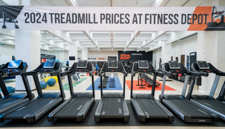 A row of treadmills at the forefront with various exercise balls and equipment in the background. A large banner overhead reads ‘2024 TREADMILL PRICES AT FITNESS DEPOT’ with the Fitness Depot logo on the right side.