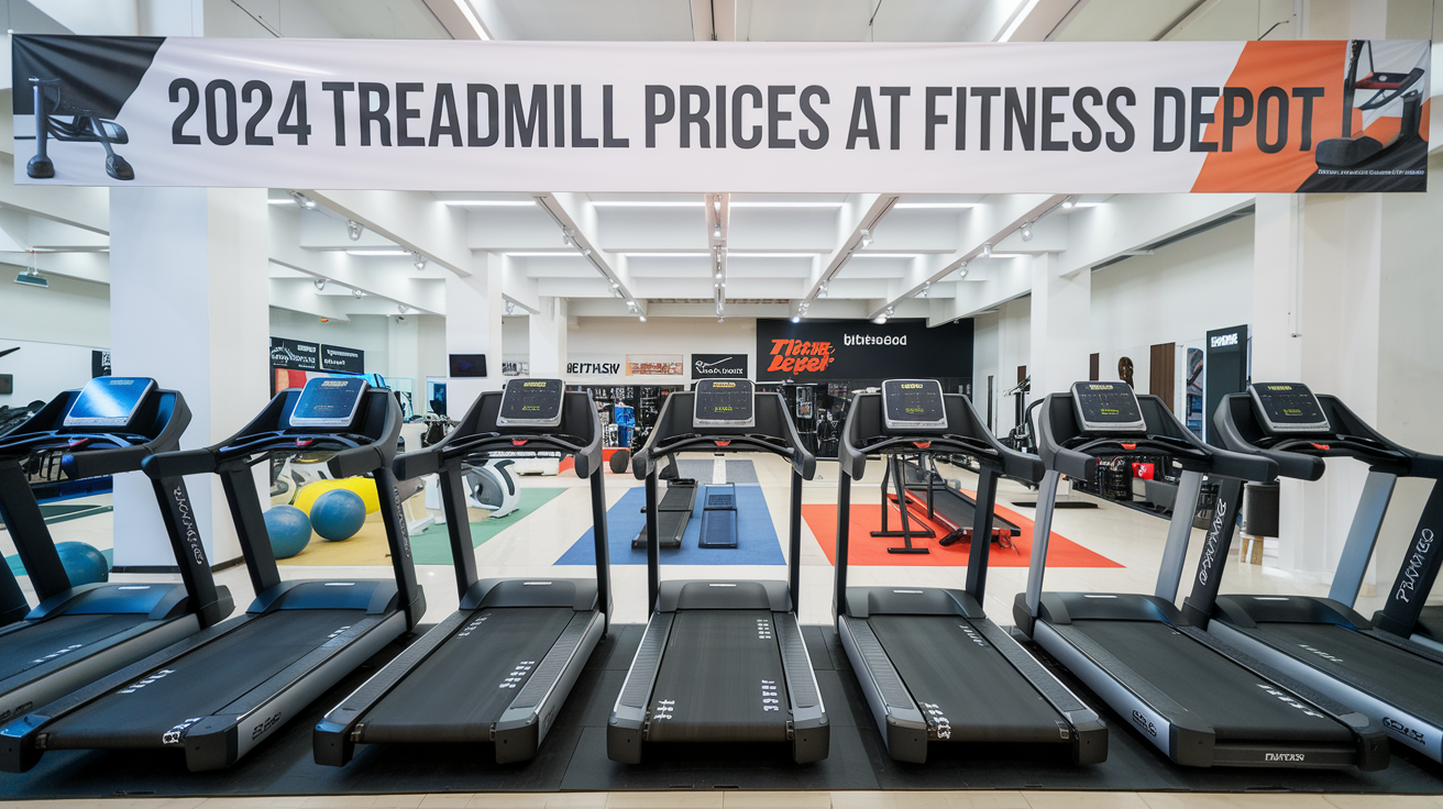 A row of treadmills at the forefront with various exercise balls and equipment in the background. A large banner overhead reads ‘2024 TREADMILL PRICES AT FITNESS DEPOT’ with the Fitness Depot logo on the right side.