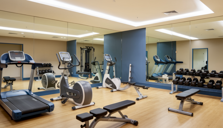 A well-lit, modern gym with various exercise equipment. The room has a row of treadmills on the left, a set of dumbbells in the center, and weight machines on the right.