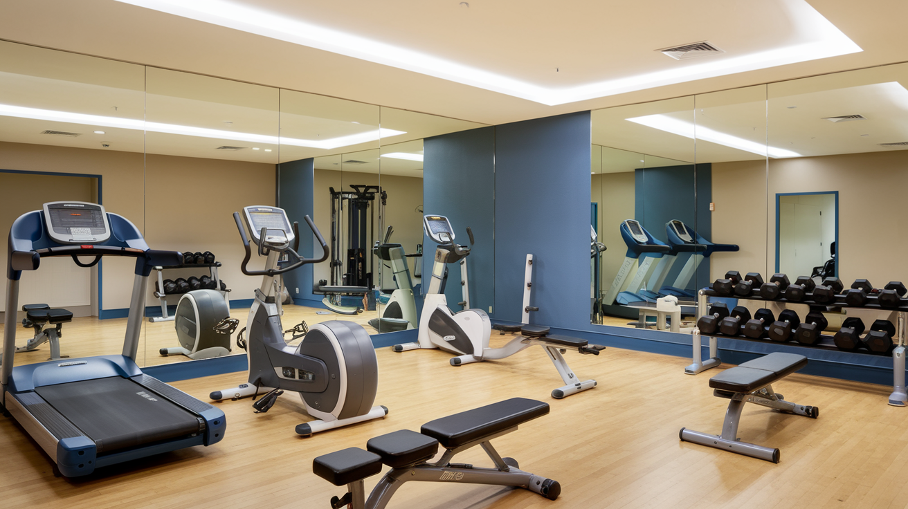 A well-lit, modern gym with various exercise equipment. The room has a row of treadmills on the left, a set of dumbbells in the center, and weight machines on the right.