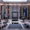 A well-equipped home gym with a variety of exercise equipment. The room has a dark color scheme with ambient lighting. In the center is a treadmill, flanked by a stationary bike on the left and an all-in-one weight training machine on the right.