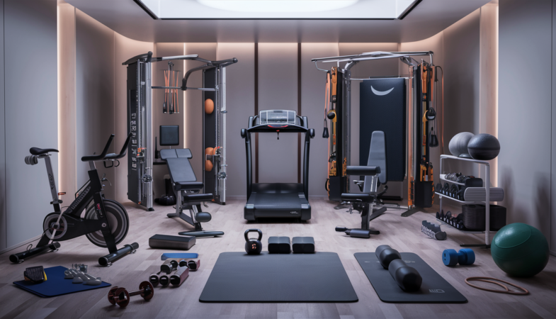 A well-equipped home gym with a variety of exercise equipment. The room has a dark color scheme with ambient lighting. In the center is a treadmill, flanked by a stationary bike on the left and an all-in-one weight training machine on the right.