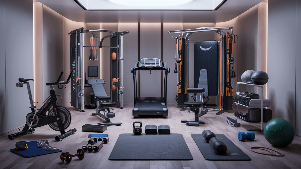 A well-equipped home gym with a variety of exercise equipment. The room has a dark color scheme with ambient lighting. In the center is a treadmill, flanked by a stationary bike on the left and an all-in-one weight training machine on the right.