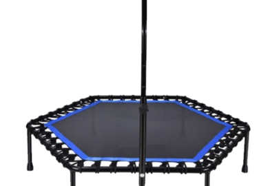 "Colorful kids' trampoline, designed for outdoor play. Features a sturdy steel frame, padded edges, and a durable jumping mat, perfect for safe and fun exercise for children."