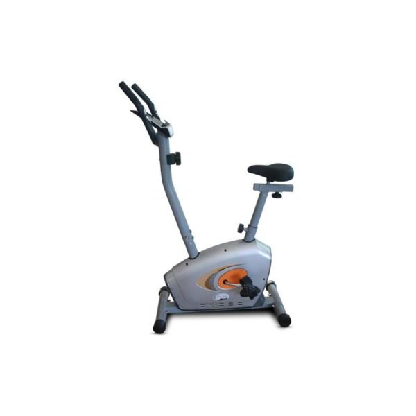 Grey exercise bike with black handlebars, seat, and orange accents