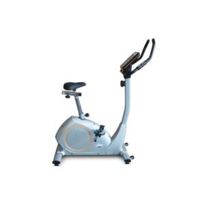 Stationary exercise bike with a digital display, adjustable seat, and foot straps