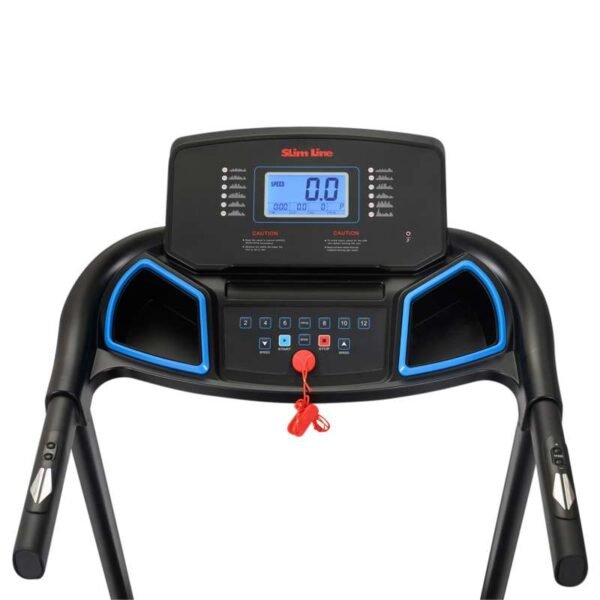 Slim Line treadmill control panel with digital display, numbered buttons, start/stop controls, and a safety key