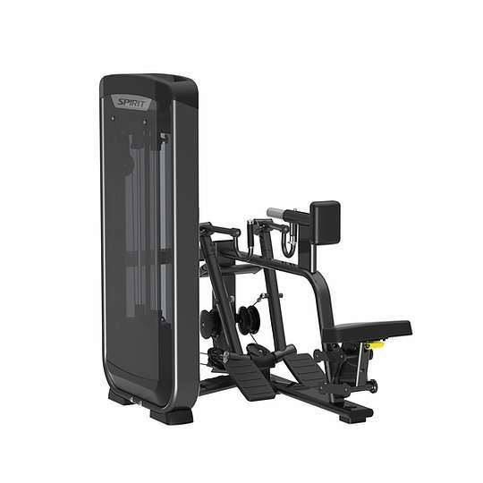 SPIRIT leg press machine with padded seat, footplate, and enclosed weight stack.