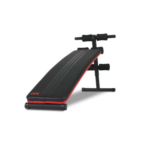 Black and red adjustable workout bench with padded seat, foam rollers, and 'POS' logo—ideal for home fitness