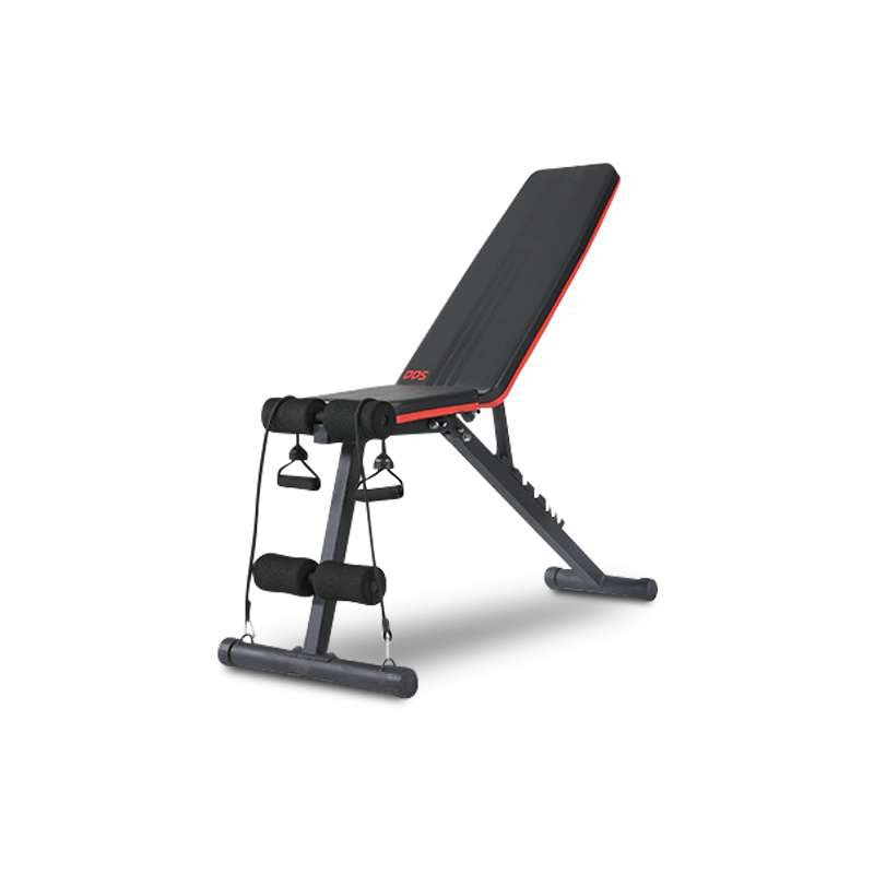 Adjustable bench with black-and-red padding, resistance bands, and foam leg rollers.