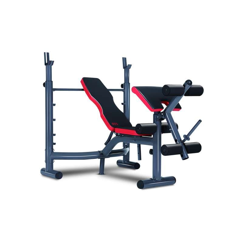 Adjustable weight bench with black and red padding, leg curl attachment, and side barbell holders