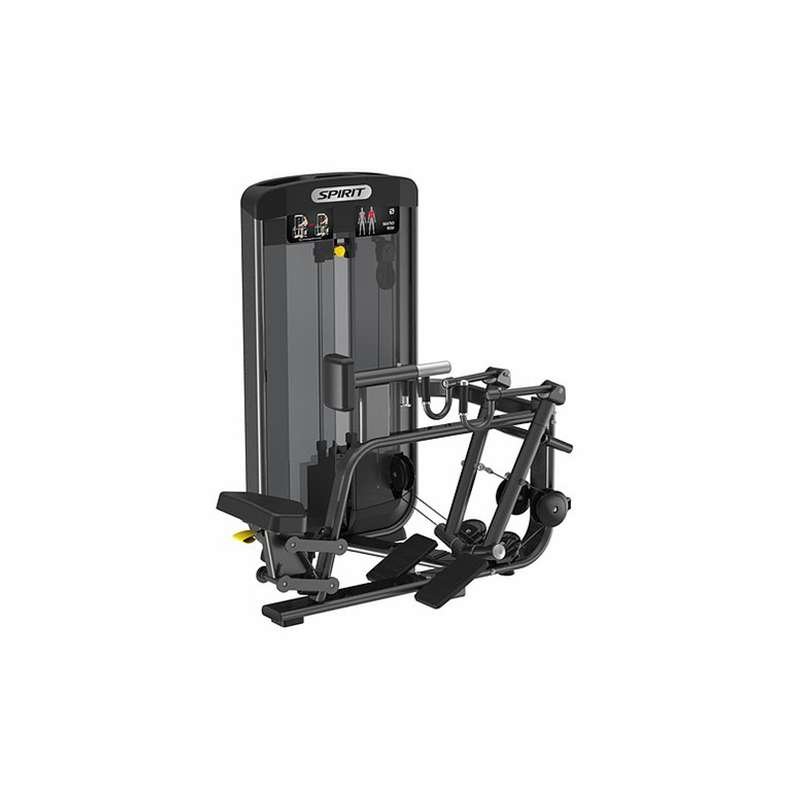SPIRIT leg press machine with padded seat, footplate, and enclosed weight stack.