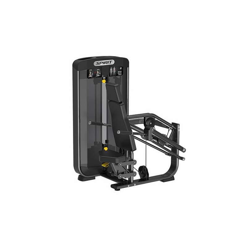 SPIRIT leg press machine with padded seat, footplate, and enclosed weight stack.