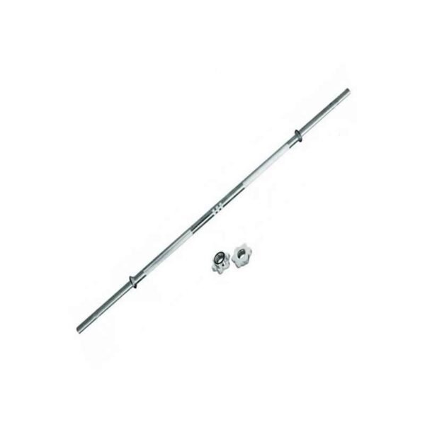 Metal barbell with knurled grip and two securing collars.
