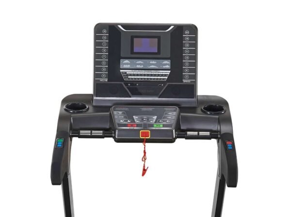 Treadmill control panel with digital display, speed and incline buttons, cup holders, and a red safety key