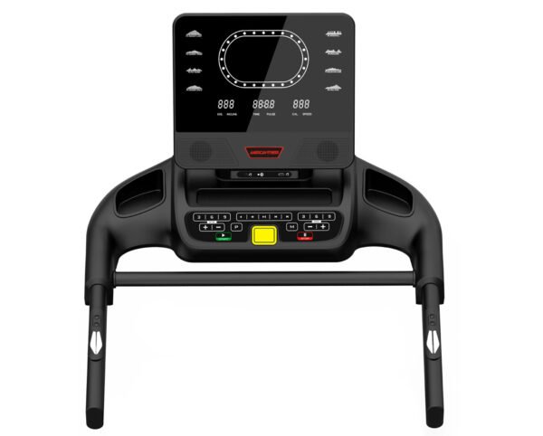 American Fitness treadmill control panel with digital display, speed controls, and emergency stop button
