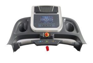 Treadmill control panel with display screen, speed and incline buttons, and built-in cup holders