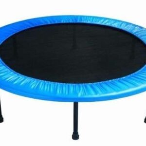 Small trampoline with blue padding and six black legs