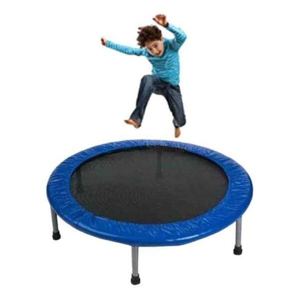 Person jumping on a trampoline with a blue padded edge