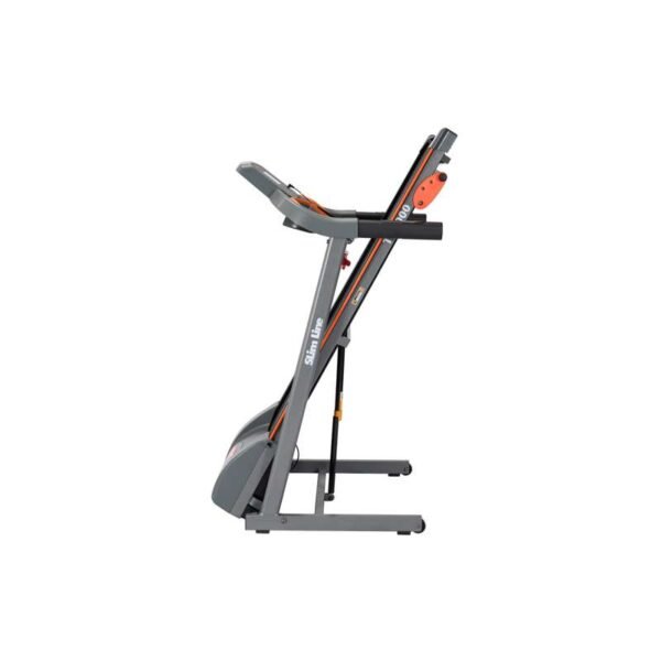 Folded Slim Line treadmill in upright storage position, gray with orange accents