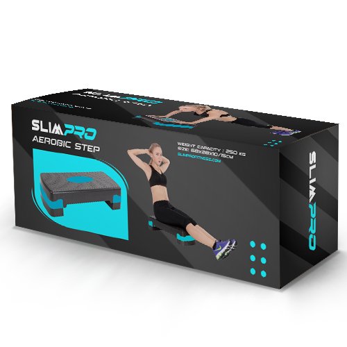 SLIMPRO aerobic step packaging with product name, image, and specifications
