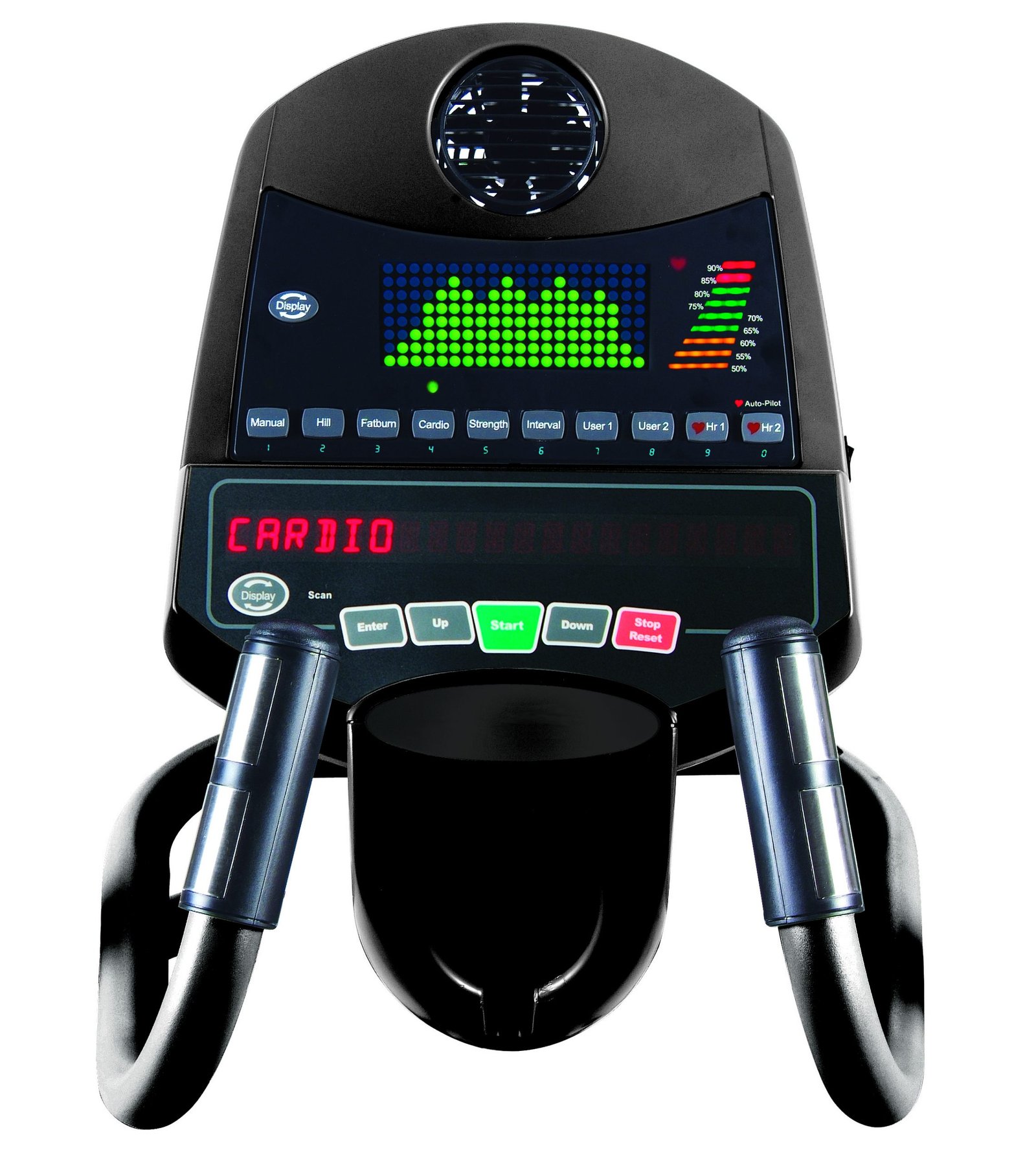 Control panel of a fitness machine with display, buttons, workout presets, and heart rate sensors