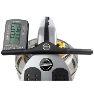SPIRIT rowing machine with digital display, handlebars, and water resistance tank.