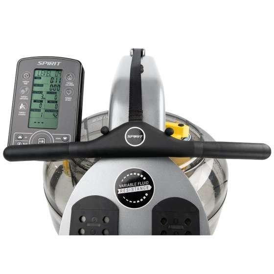 SPIRIT rowing machine with digital display, handlebars, and water resistance tank.