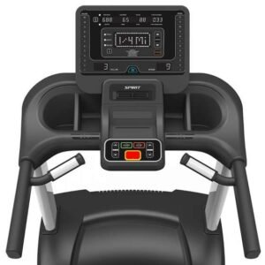 SPIRIT treadmill control panel with digital display showing speed, incline, and distance