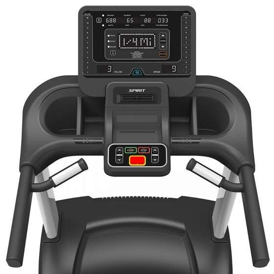 SPIRIT treadmill control panel with digital display showing speed, incline, and distance