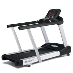 SPIRIT CT850 treadmill with black running belt, silver frame, and digital control panel featuring various workout settings