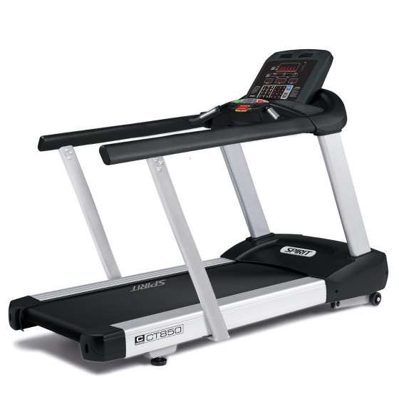 SPIRIT CT850 treadmill with black running belt, silver frame, and digital control panel featuring various workout settings