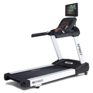 SPIRIT treadmill with digital console, mounted display screen showing a forest path, and sturdy base.