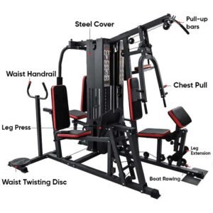 "Multi-functional gym equipment with labeled parts, including pulleys, arm pads, and a pull-up function.