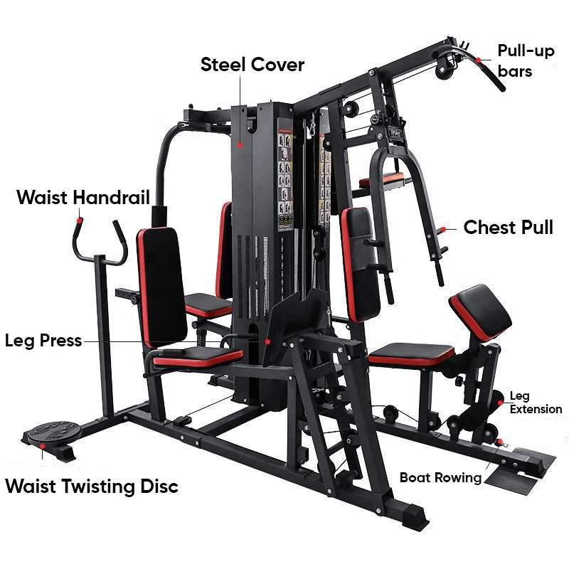 "Multi-functional gym equipment with labeled parts, including pulleys, arm pads, and a pull-up function.