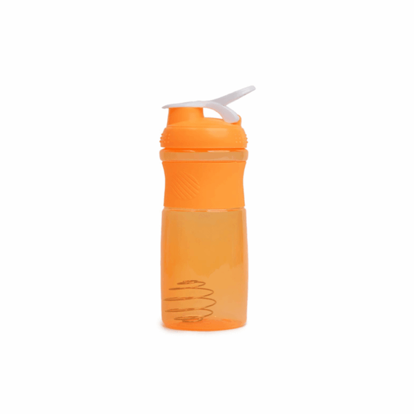Orange shaker bottle with a metal mixing spring inside
