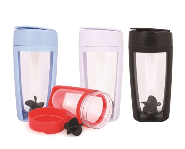 Plastic tumblers with lids in different colors, one disassembled showing a mixing blade